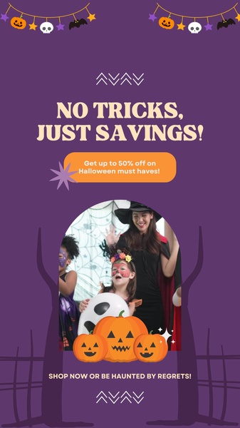 A vertical social media advertisement featuring a seasonal Halloween theme with a bold headline and a discount incentive.