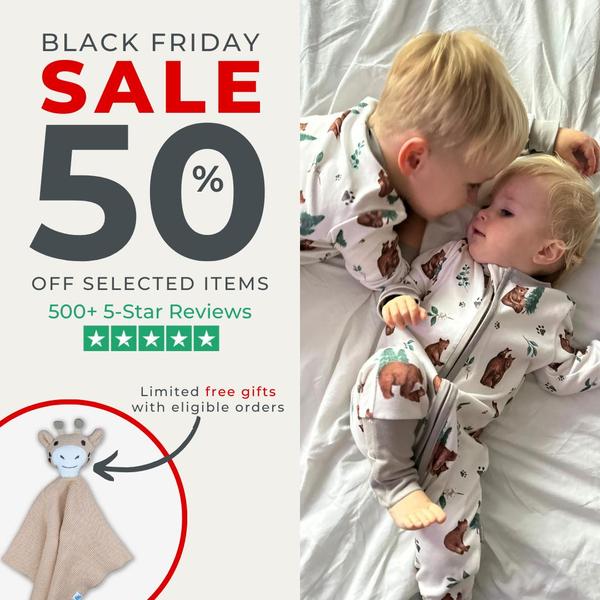 A split-view promotional graphic featuring a clear 50% discount callout, social proof in the form of a 5-star review mention, and an incentive for free gifts.