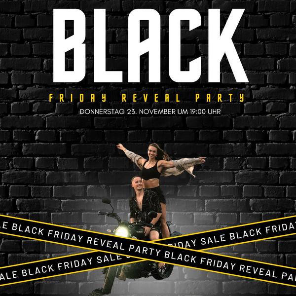 An event announcement ad for a Black Friday party featuring a high-energy, urban lifestyle aesthetic with bold typography on a textured brick background.