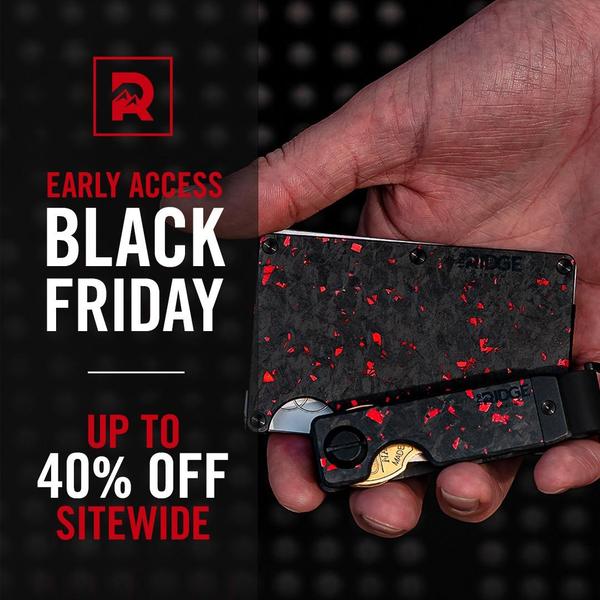 A high-contrast 1:1 image showing a metal wallet in a hand against a dark, tech-focused background, highlighting a sitewide holiday discount.