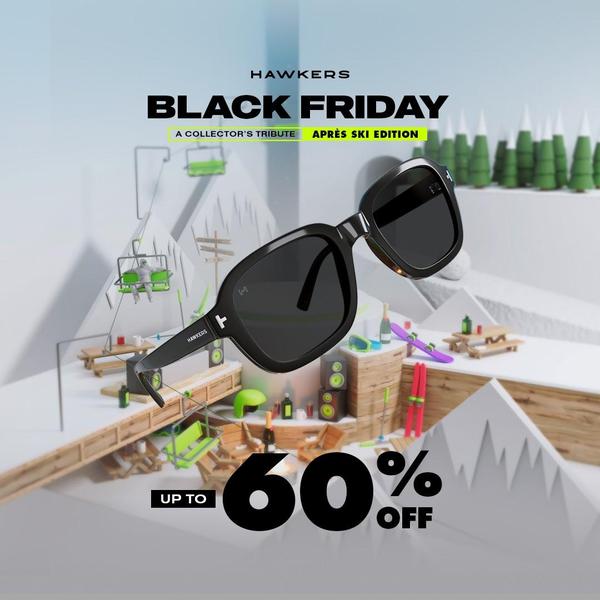 A high-contrast 3D graphic featuring a pair of sunglasses against a stylized winter landscape, highlighting a seasonal discount offer.