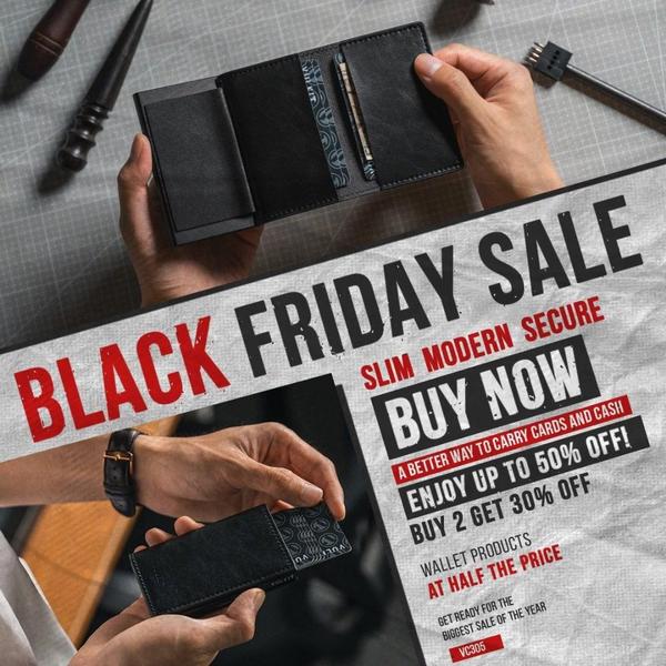A 1:1 format advertisement showcasing a sleek, modern wallet with bold Black Friday promotional text and clear call-to-action incentives.