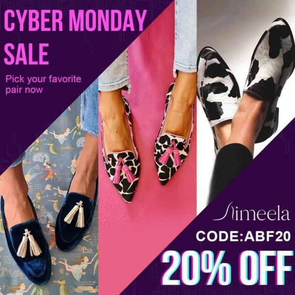 A split-screen collage layout showcasing different loafer designs with a clear Cyber Monday offer and discount code.