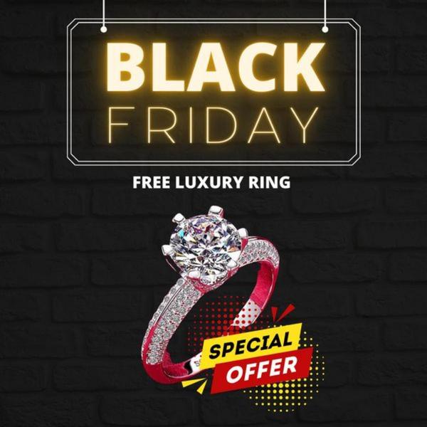 A high-contrast, minimalist promotional graphic for a luxury ring featuring a clear Black Friday offer and a vibrant special offer badge.