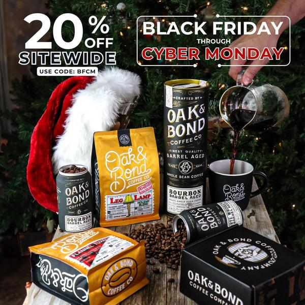 This static creative showcases a curated holiday coffee set with a bold sitewide discount offer for Black Friday and Cyber Monday.