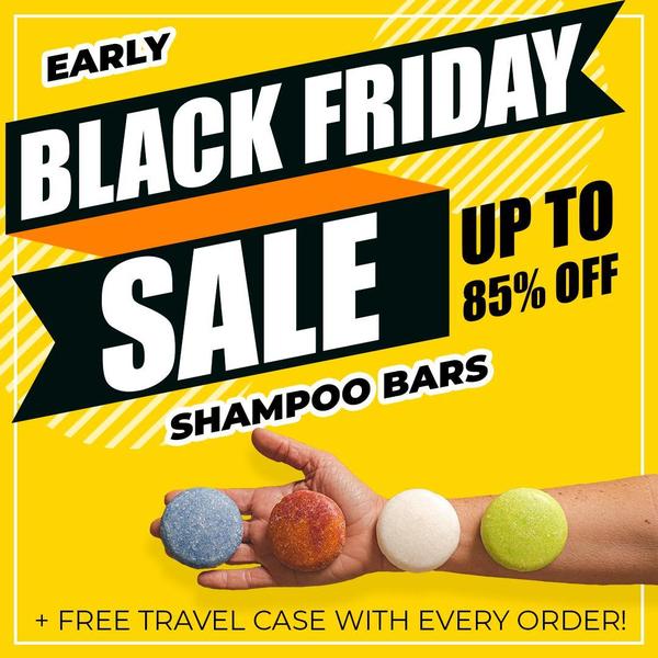 A 1:1 square graphic featuring four colorful shampoo bars on an outstretched arm with bold, high-contrast typography announcing an early seasonal discount.