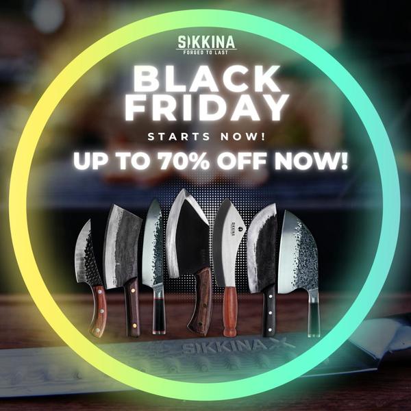 This ad creative features a group of diverse kitchen knives arranged for a Black Friday promotional sale, emphasizing a 70% discount offer within a high-contrast glowing circular frame.