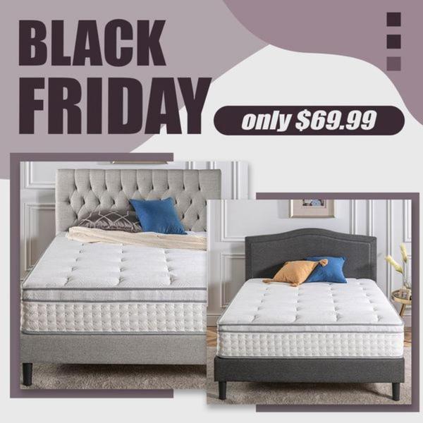 A square-format Black Friday sale ad featuring two distinct mattress models side-by-side with a bolded price callout.