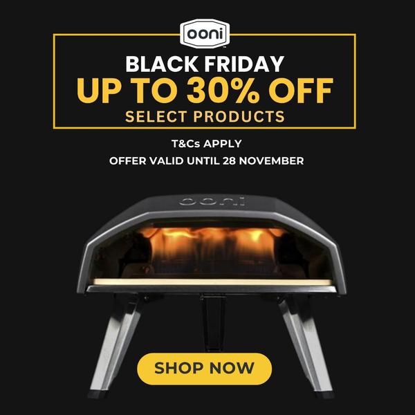 A 1:1 format ad creative for a pizza oven featuring a clean, high-contrast black background with a bold yellow call-to-action for a Black Friday discount.