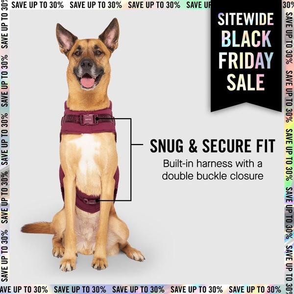 A clean, product-focused ad that features a dog wearing a harness, pointing out its core feature with an arrow callout while promoting a sitewide holiday sale.