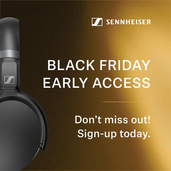 A clean, high-contrast ad featuring professional noise cancelling headphones against a luxury gold and black background to drive sale sign-ups.