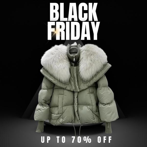 A high-contrast 1:1 square graphic featuring a single luxury puffer jacket on a dark, geometric background to emphasize the Black Friday discount.