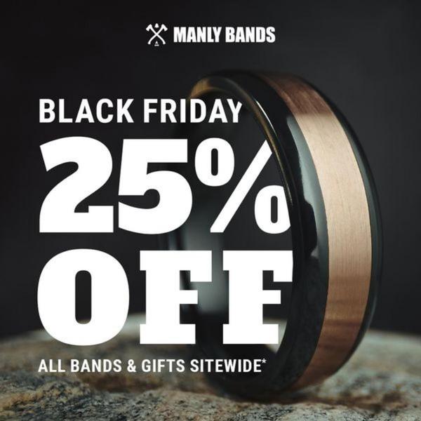 A high-contrast promotional ad featuring a wedding band on a stone texture with a clear discount offer.