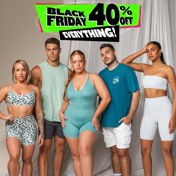 A group of models showcasing various activewear pieces under a bold Black Friday sale announcement.