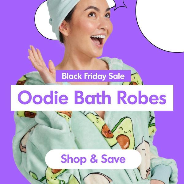 A festive, high-energy graphic featuring a model wearing an avocado-print bath robe to announce a holiday sales event.
