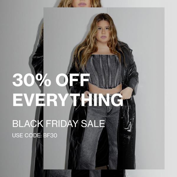 A high-contrast, minimalist promotional graphic showcasing a model wearing a corset and jeans, clearly presenting a discount offer and coupon code.