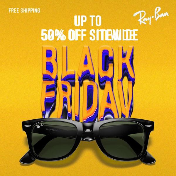 A high-visibility Black Friday promotional creative featuring sunglasses against a bold, high-contrast yellow background.