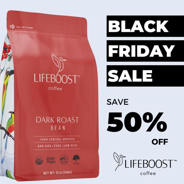 A clean, direct promotional graphic featuring a 50% off discount on dark roast coffee beans using a bold, high-contrast black and red color palette.