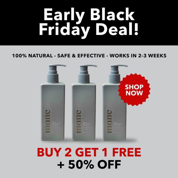 A high-contrast, minimalist promotional graphic for a shampoo product using a bold sale-driven layout and red accent call-to-action.