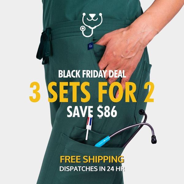 A close-up product shot featuring scrub pants with a clear price-based offer for a multi-set bundle, highlighting features like pockets.