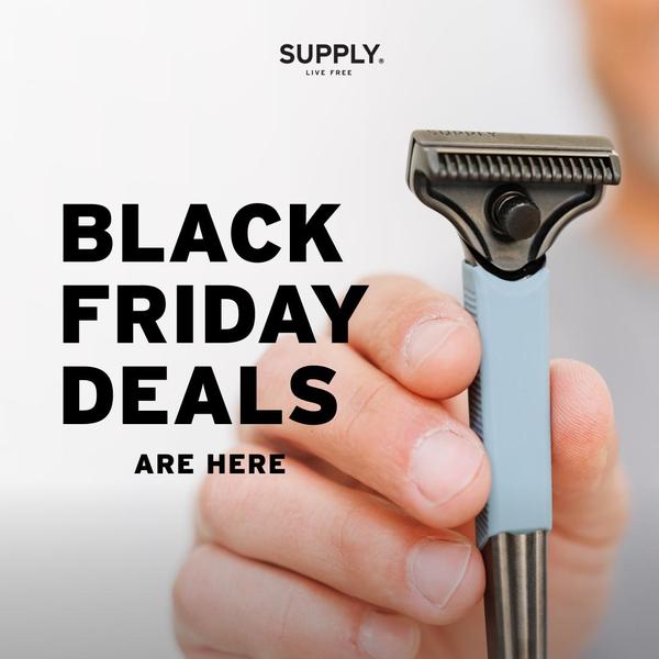A clean, direct-to-consumer ad featuring a premium safety razor held in hand, highlighting a seasonal Black Friday promotional offer.