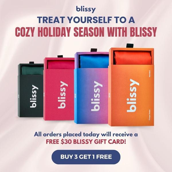 A square-format ad showcasing four different colored silk pillowcase boxes with a clear promotional offer and a gift card incentive.
