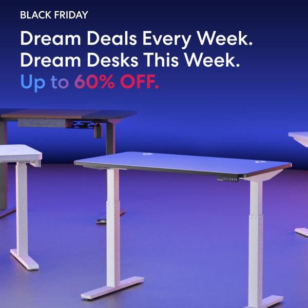 A high-contrast promotional ad featuring minimalist standing desks with a clear Black Friday discount offer.