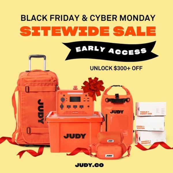A high-visibility seasonal sale promotion featuring an organized emergency kit bundle against a bright yellow background with festive ribbon accents.