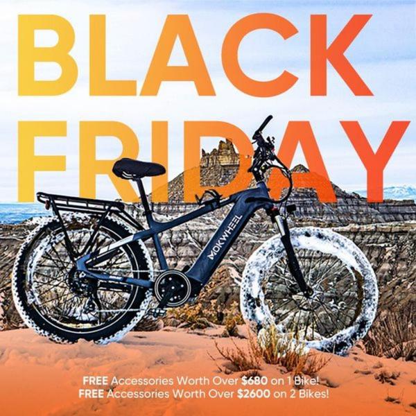A high-contrast Black Friday promotional image featuring an electric mountain bike with a clear, value-driven bundle offer for accessories.