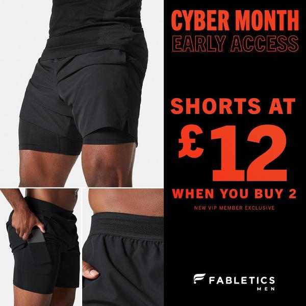 A high-contrast, price-anchored ad creative showcasing performance athletic shorts with a clear promotional hook for new VIP members.