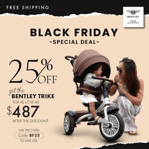 A clean, promotional graphic featuring a Bentley trike with a clear 25% off discount and coupon code for Black Friday.