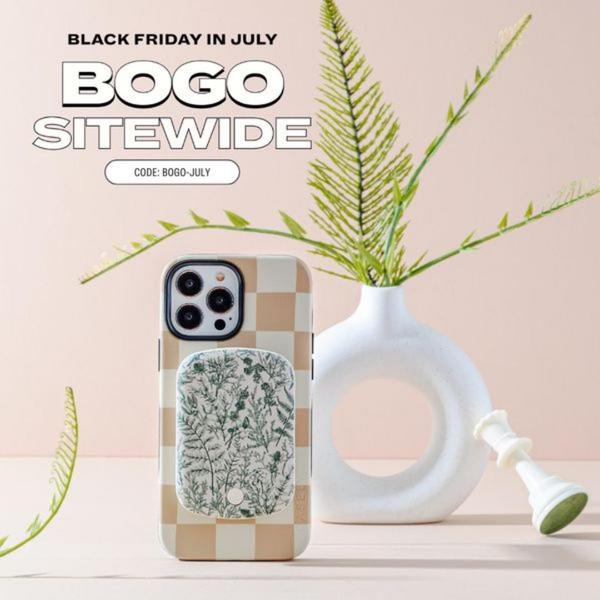 This creative uses a minimalist seasonal aesthetic to highlight a sitewide BOGO offer for a stylish phone case, leveraging clean photography and clear promotional text.