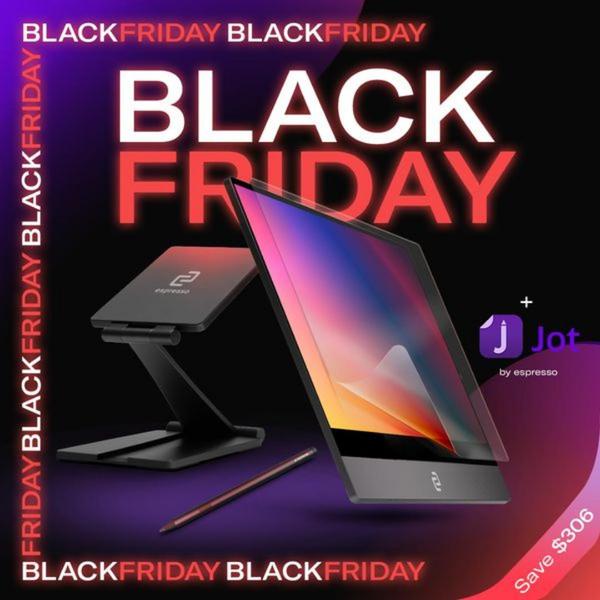 A high-contrast promotional graphic featuring a portable monitor, tablet stand, and stylus pen, highlighting a $306 savings bundle for Black Friday.