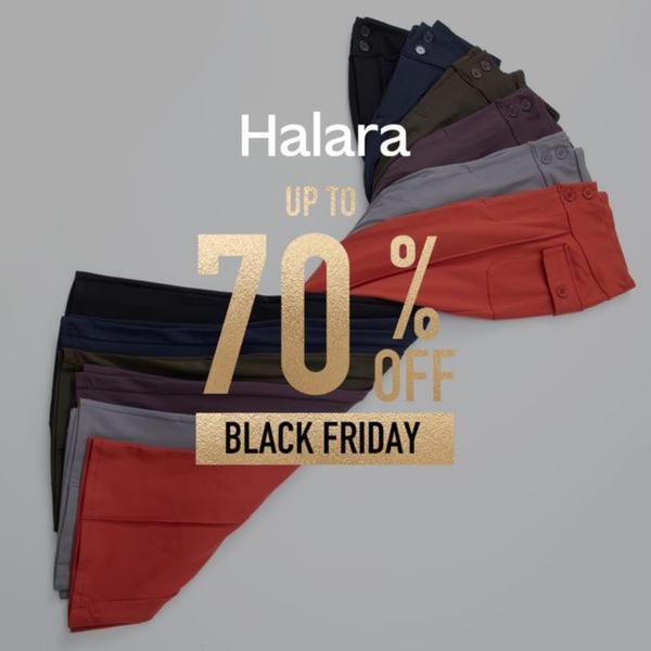 A clean, square-format ad creative featuring a layered fan arrangement of apparel items to highlight a massive Black Friday discount offer.