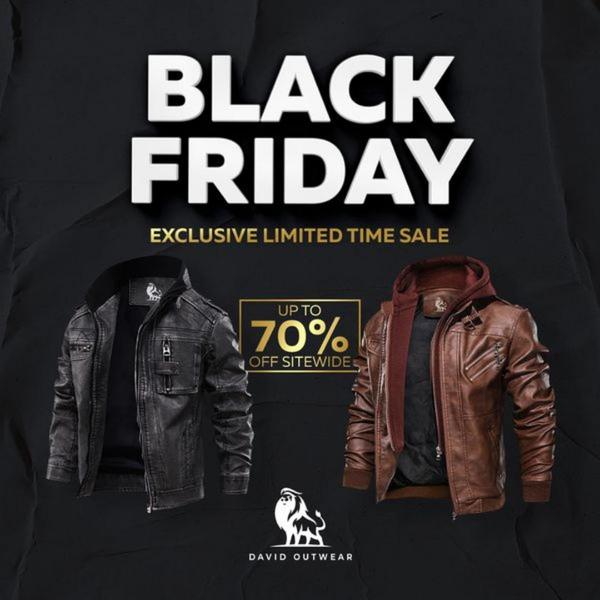 A seasonal promotion featuring two leather jacket variations on a dark textured background with a 70% off site-wide discount offer.