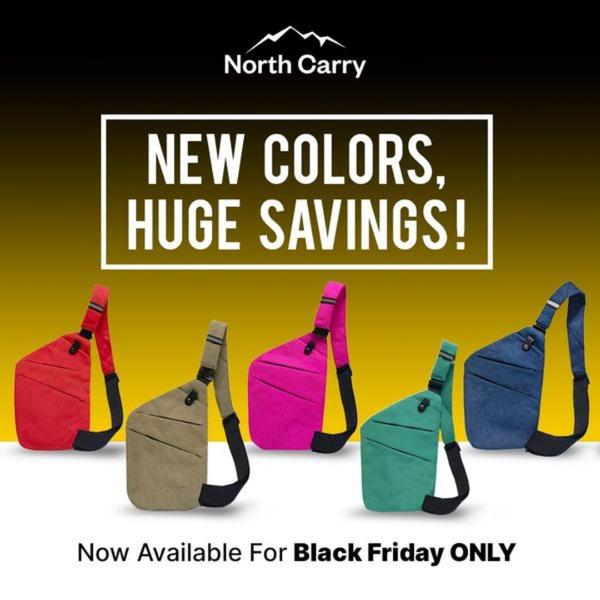 This ad features five variations of a sling bag displayed in a clean, professional grid, highlighting the availability of new colors during a Black Friday sale.