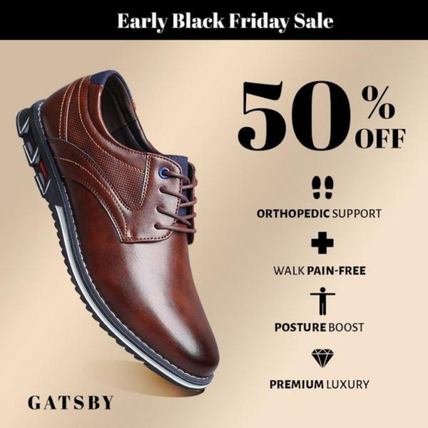 A clean, square-format ad creative for premium orthopedic leather shoes, highlighting a 50% discount and core physical health benefits through simple iconography.