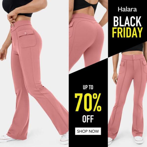 A split-screen promotional graphic for flare leggings featuring Black Friday discount messaging and clear product views.