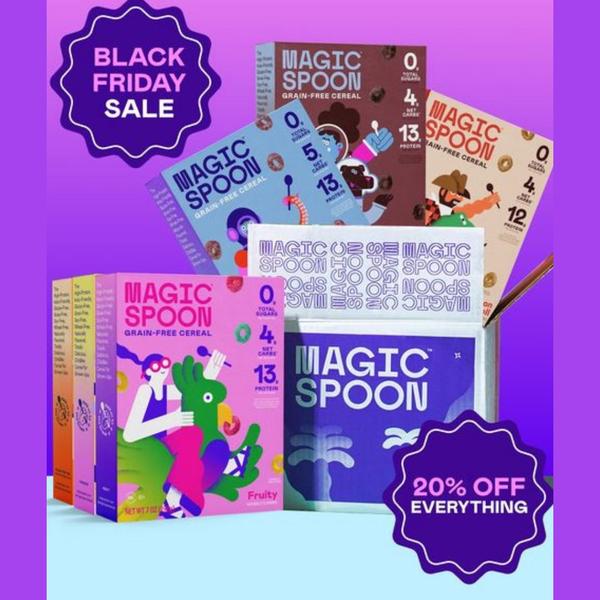 A square ad creative featuring an array of colorful grain-free cereal boxes with a clear Black Friday discount offer.