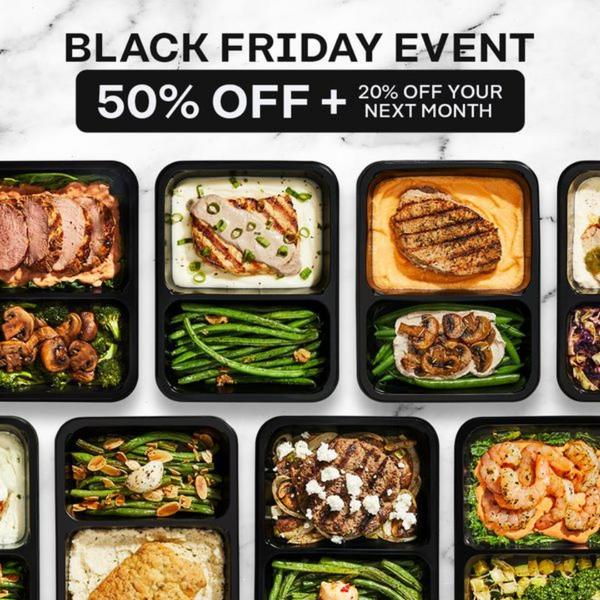 A top-down, grid-style layout showcasing multiple high-quality meal containers to highlight variety and value with a clear discount overlay.