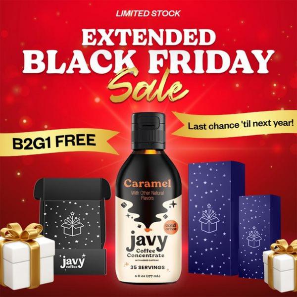 A festive promotional creative highlighting a B2G1 free offer for coffee concentrate using a bold, high-contrast red background.