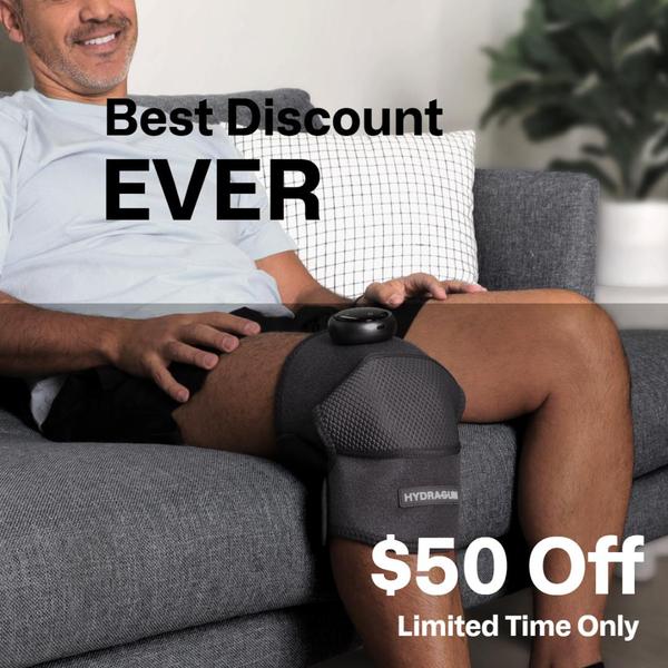 A square-format static ad showing a person using a knee massager on a couch with a bold, high-contrast offer text overlay.