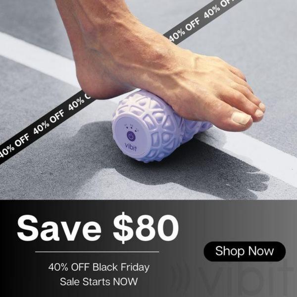 This 1_1 square ad uses a high-contrast action shot of a person using a vibrating massage ball to demonstrate immediate utility alongside a clear Black Friday discount.