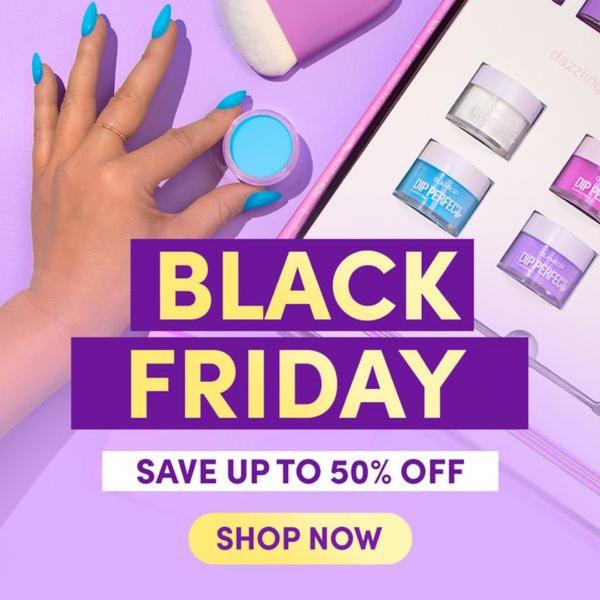 A high-contrast 1:1 image featuring a manicure hand next to a dip powder set, emphasizing a 50% off holiday discount.
