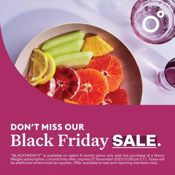 A high-contrast, clean 1:1 image featuring sliced citrus and melon arranged in a bowl, paired with clear text promoting a limited-time Black Friday subscription discount.