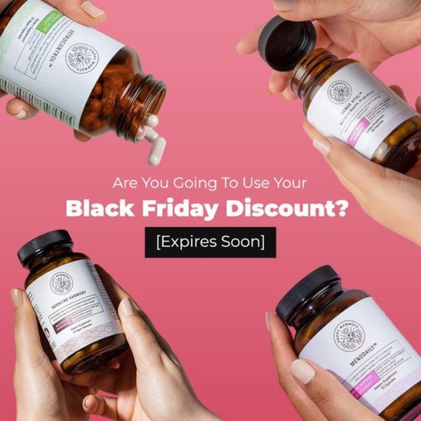A square ad creative featuring a 2x2 grid of hands holding various supplement bottles with a bold, urgency-focused text overlay.