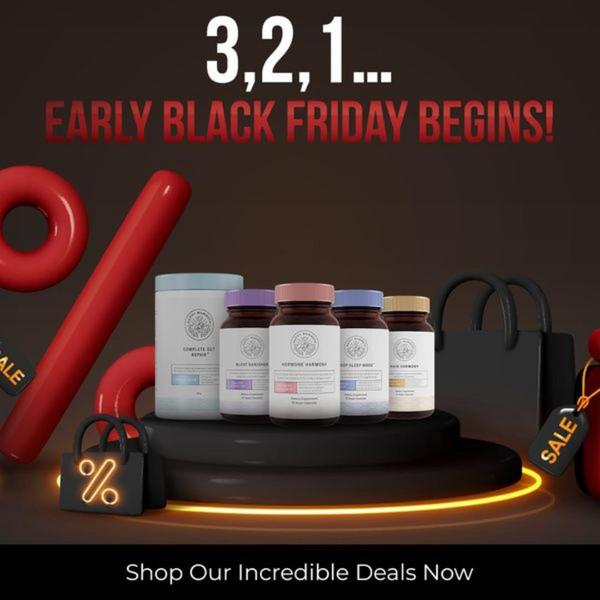 A promotional ad featuring a collection of dietary supplement bottles on a pedestal with countdown text and shopping bag icons.