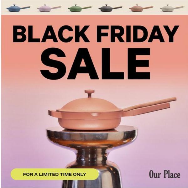 A clean, square-format ad creative showcasing a single piece of cookware on a pedestal against a gradient background to highlight a seasonal discount.