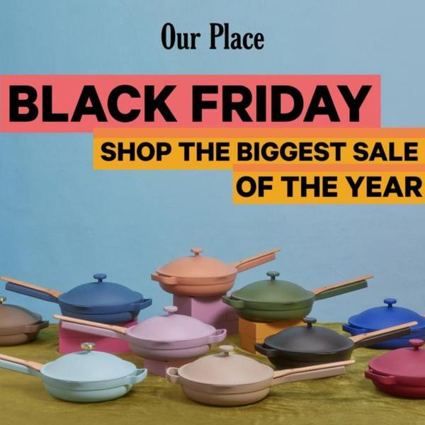 This ad creative highlights a large selection of colorful cookware arranged in a clean, professional studio setup to promote a seasonal sale.