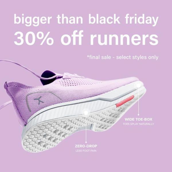 A square-format static ad featuring a single running shoe set against a solid lavender background with clear, benefit-focused text annotations and a sale call-out.